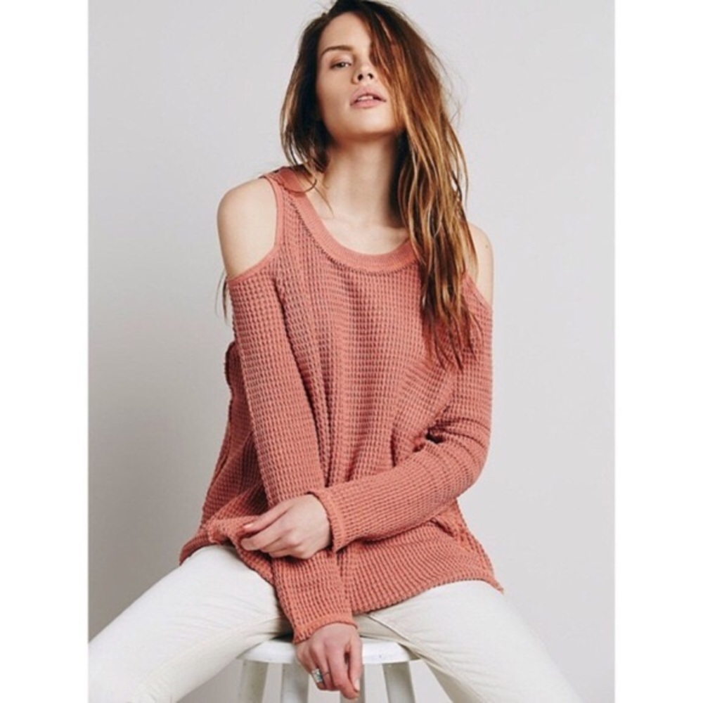 Free People Cold Shoulder Waffle Knit Sweater